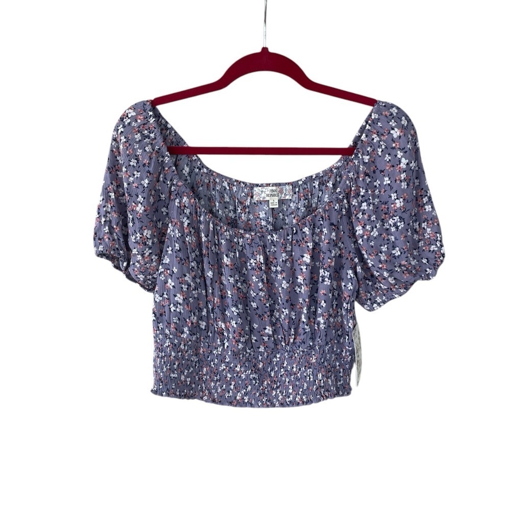 Cropped Top Blouse Size L Floral Sleeve Purple Smocked Pink Republic Junior